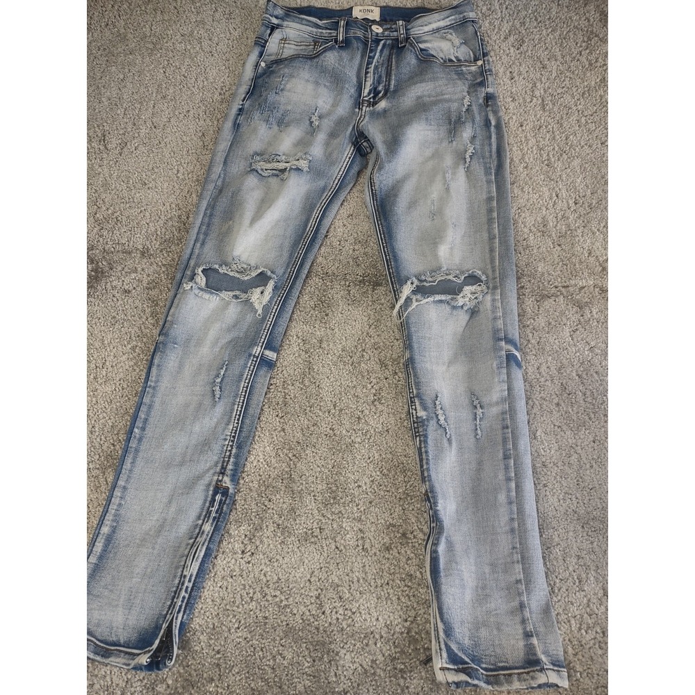 KDNK Jeans‎ Mens 30x31 Acid Wash Distressed Skinny Slim Fit Skater Zipped Denim